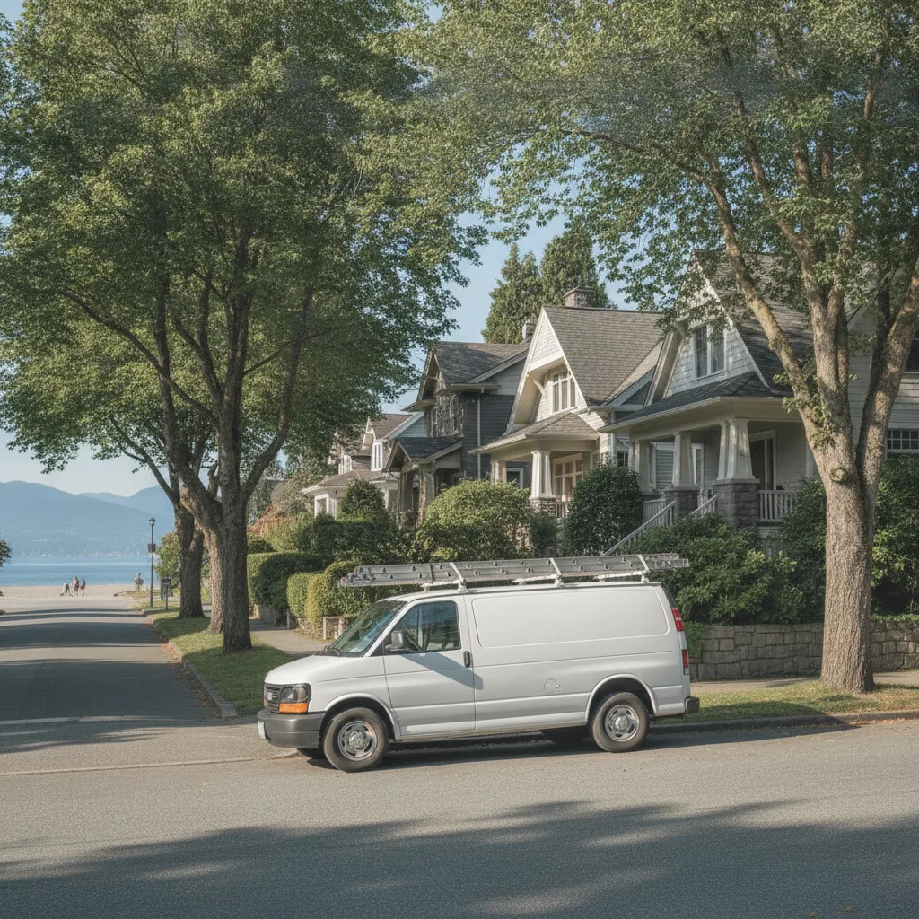 Kitsilano Garage Doors service van on a tree-lined West-Side street