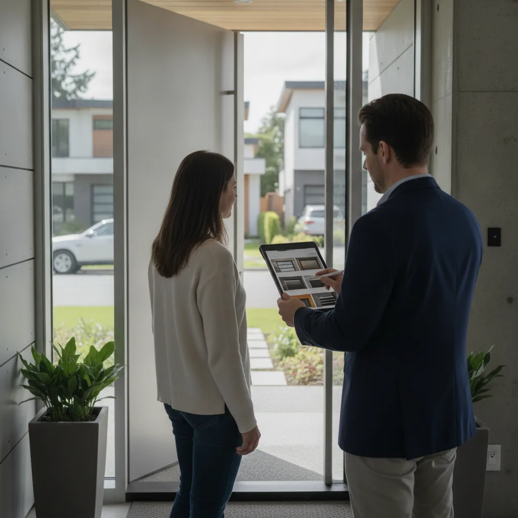 Design consultant showing garage door finish samples to a Kitsilano homeowner