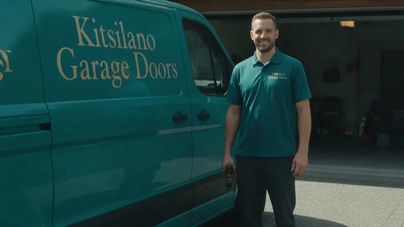 Kitsilano Garage Doors technician in a teal and gold uniform beside the branded teal service van and an open garage door on an upscale West Side character home