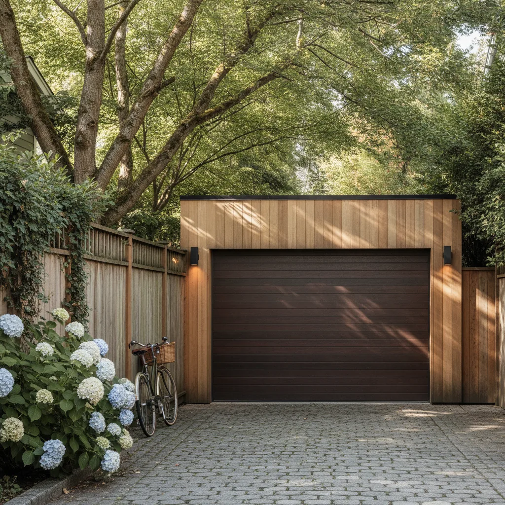 Contemporary laneway-house garage door on a leafy Kitsilano lane