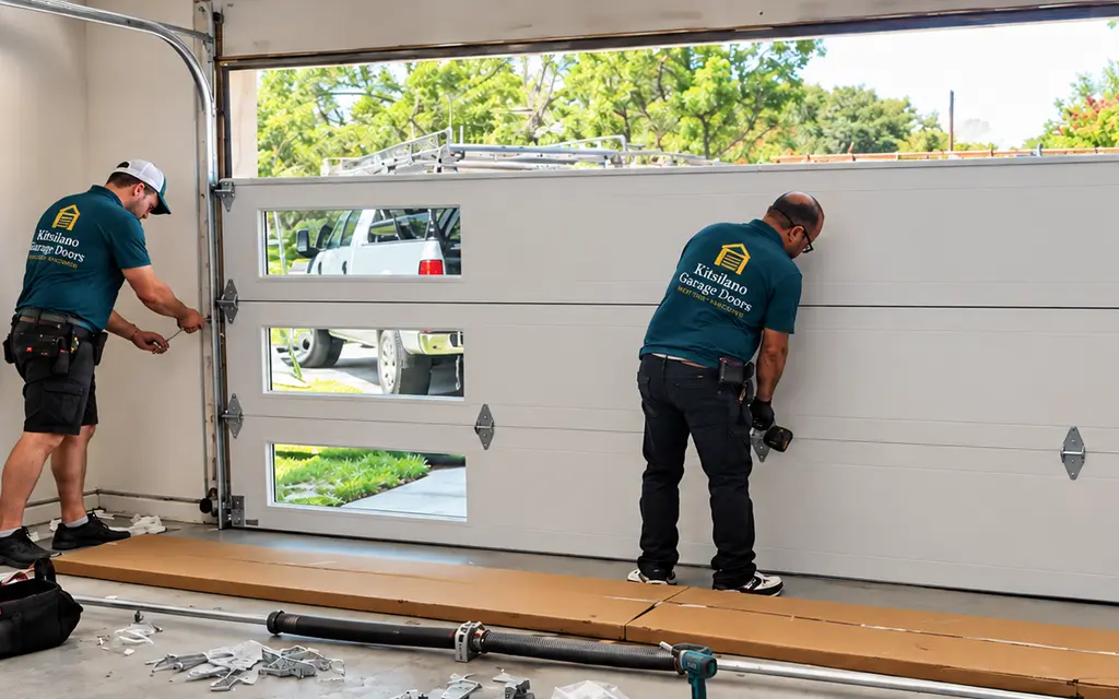 Kitsilano Garage Doors installers fitting a new glazed-panel garage door inside a West Side garage