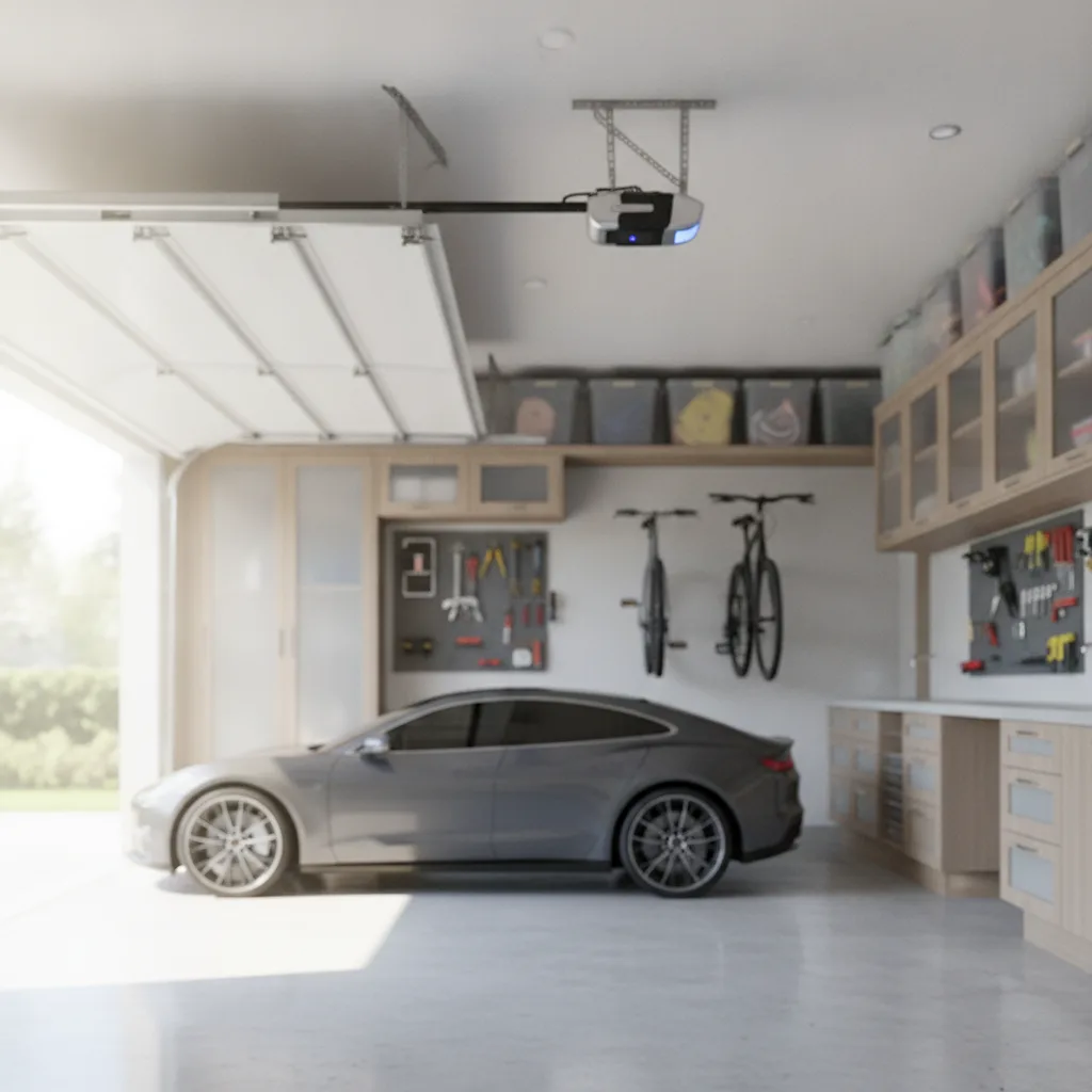 Modern smart belt-drive garage door opener installed in a clean Vancouver garage