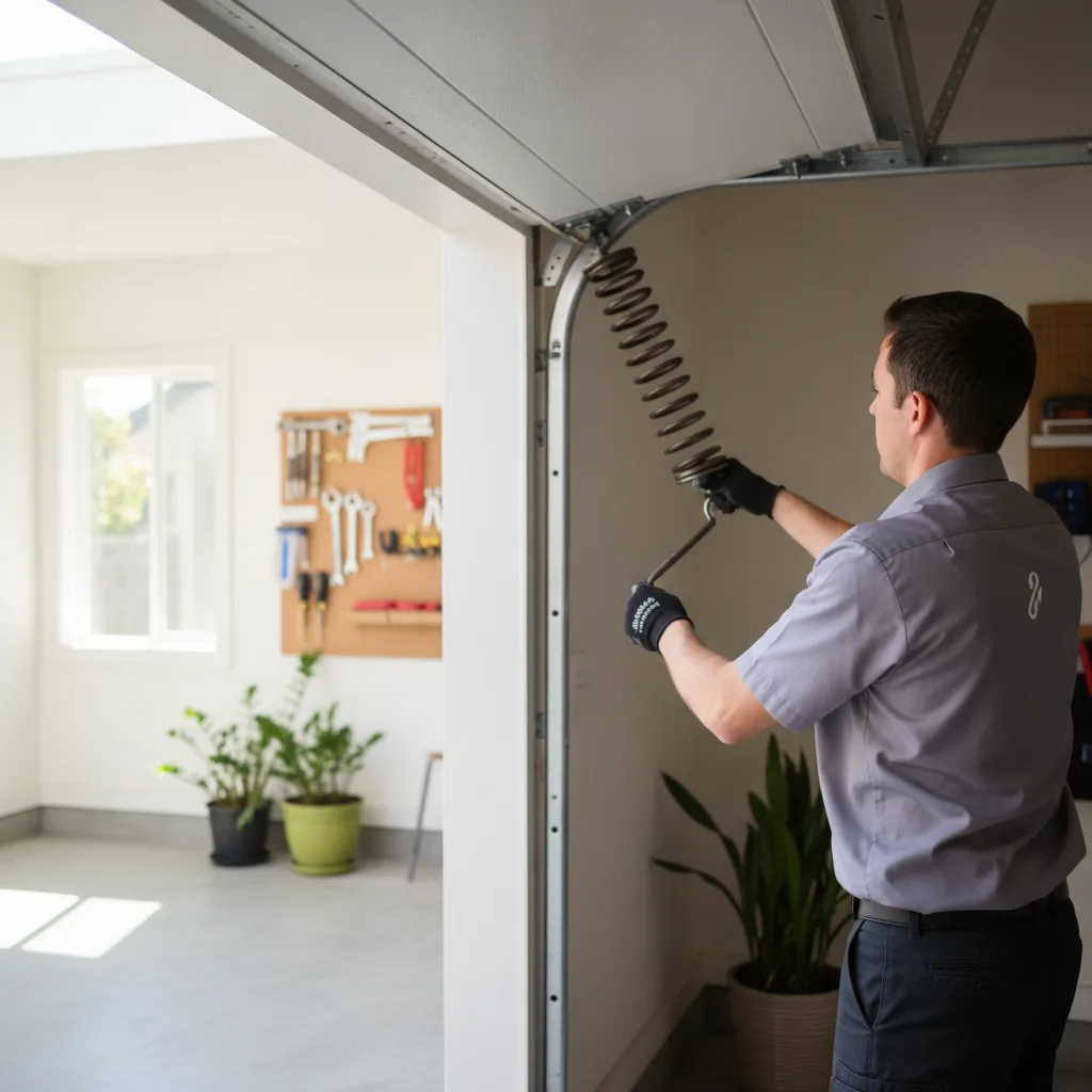 Technician repairing a garage door torsion spring in a tidy Kitsilano garage