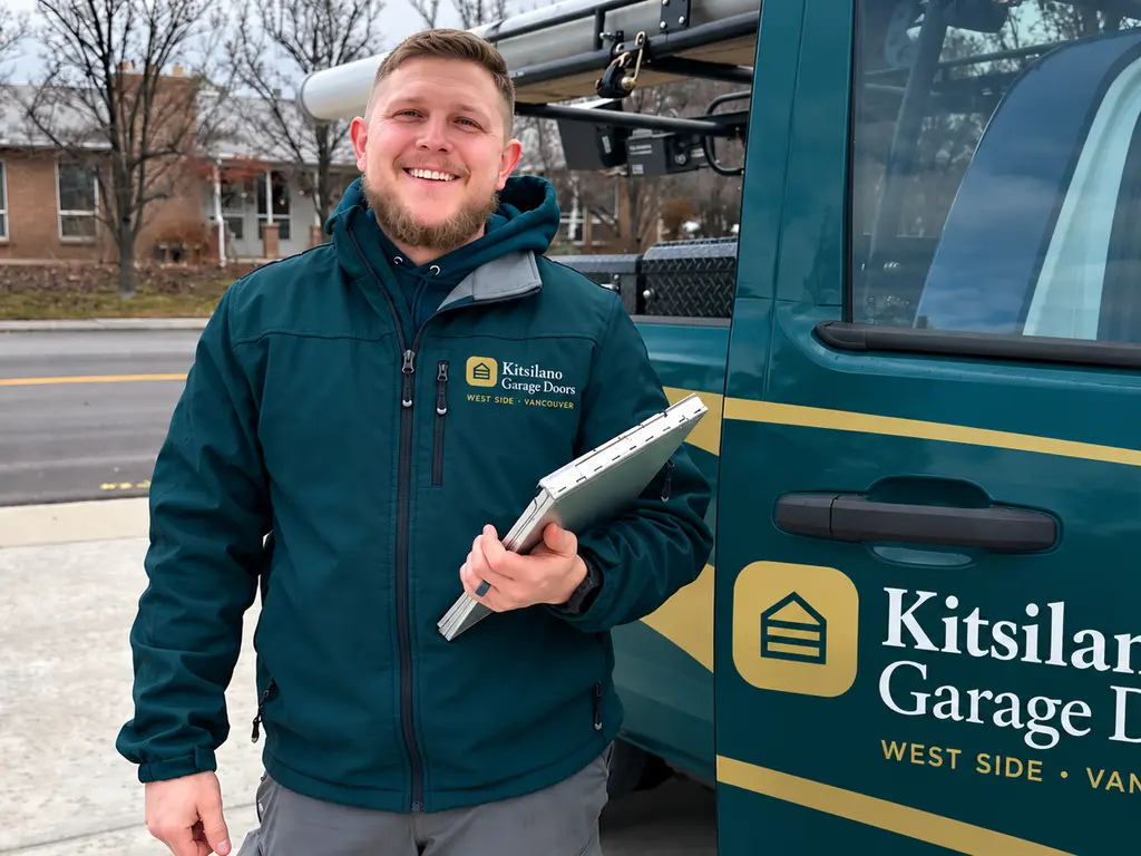 Smiling Kitsilano Garage Doors technician in a teal branded jacket beside the company service van